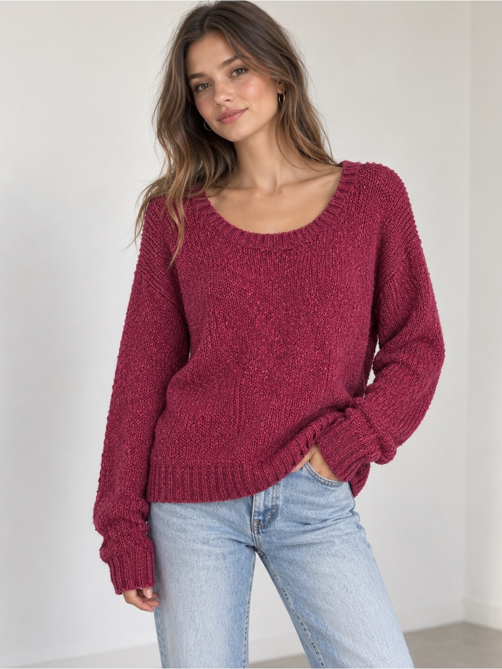 Talula by Aritzia Berry Pink Chunky Knit Sweater Scoop Neck Cozy Oversized